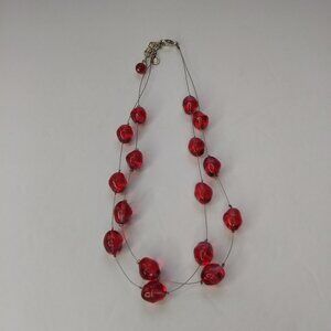 Topfrog Designs Red Acrylic Bead Necklace Silver Tone Two Strand Colorful Fun